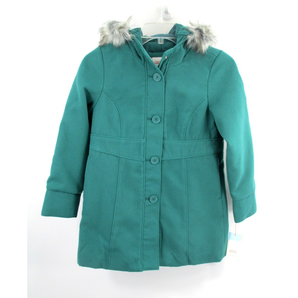 Cat & Jack Girls Dark Green Faux Fur Trim Hooded Pea Coat Size M 222072982